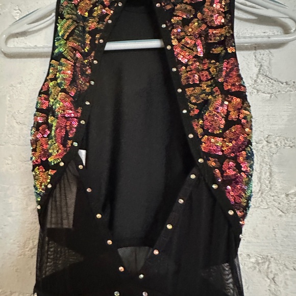 BLACK MOCK NECK BIKETARD WITH SHEER MESH AND IRIDESCENT SEQUIN DETAILING - Picture 5 of 11